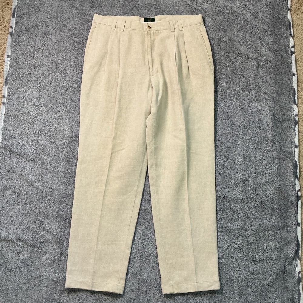 Club Room Mens Beige Linen Blend Pleated Cuffed Dress Pants 38x32 Khaki Trousers